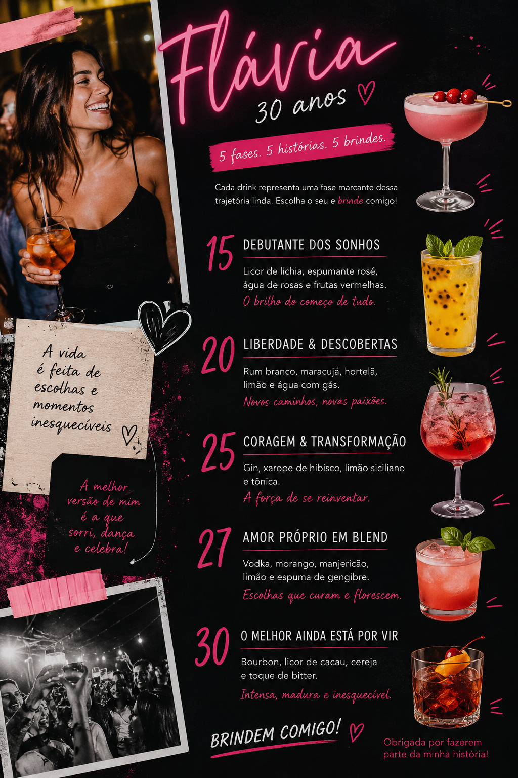 Cardápio de drinks personalizados para aniversário