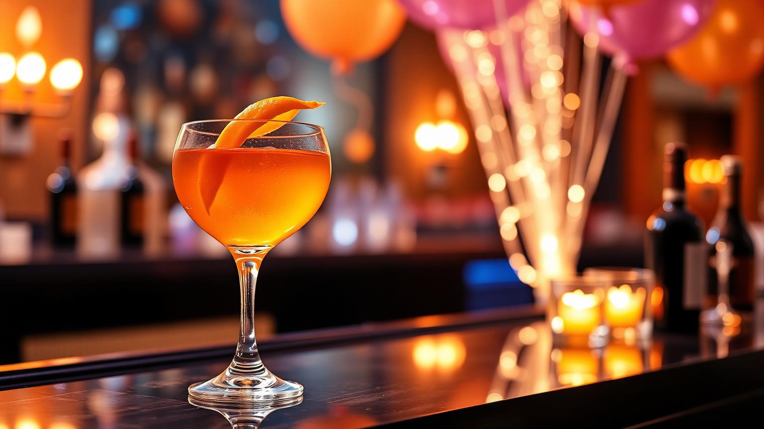 Bancada de um bar de drinks elegante em uma festa de aniversário adulto, com um coquetel sofisticado em uma taça em primeiro plano. Ao fundo, desfocado, vê-se a estação do bar com garrafas e outras bebidas, sob uma iluminação quente e acolhedora.