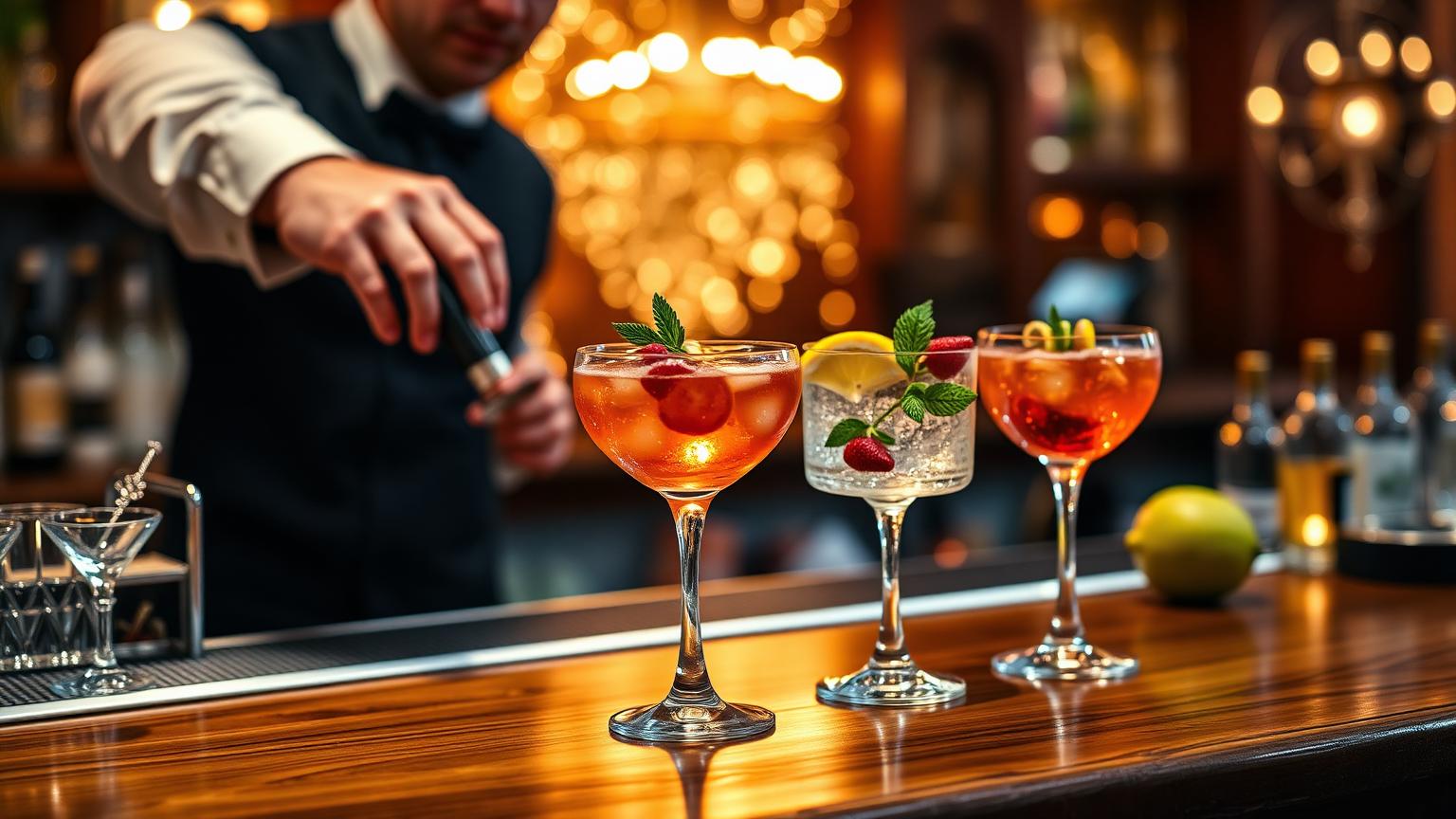 Balcão de bar de drinks em uma festa de aniversário elegante, com coquetéis coloridos em copos sofisticados sendo preparados sob uma iluminação quente e aconchegante.
