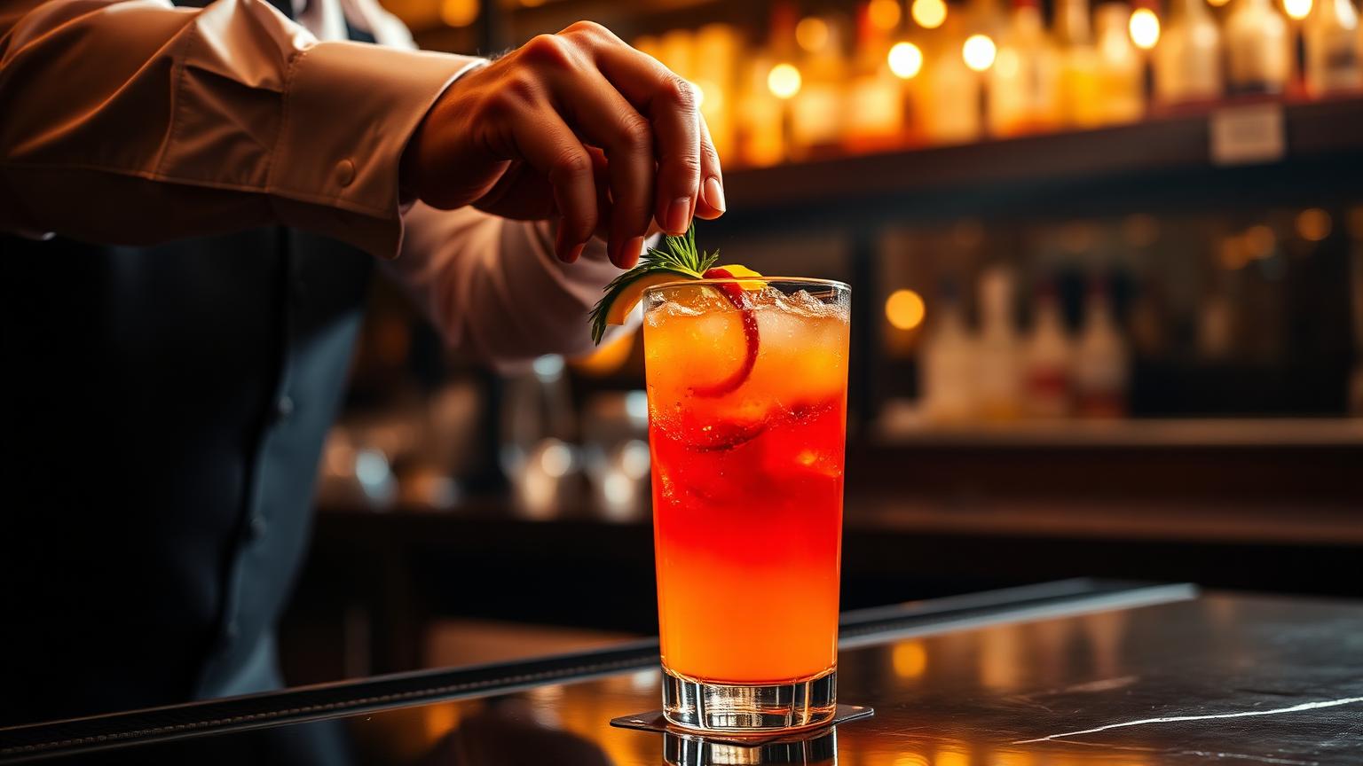 Mãos de um bartender profissional finalizando um coquetel colorido em um balcão de bar elegante durante um evento, com luzes de festa desfocadas ao fundo.