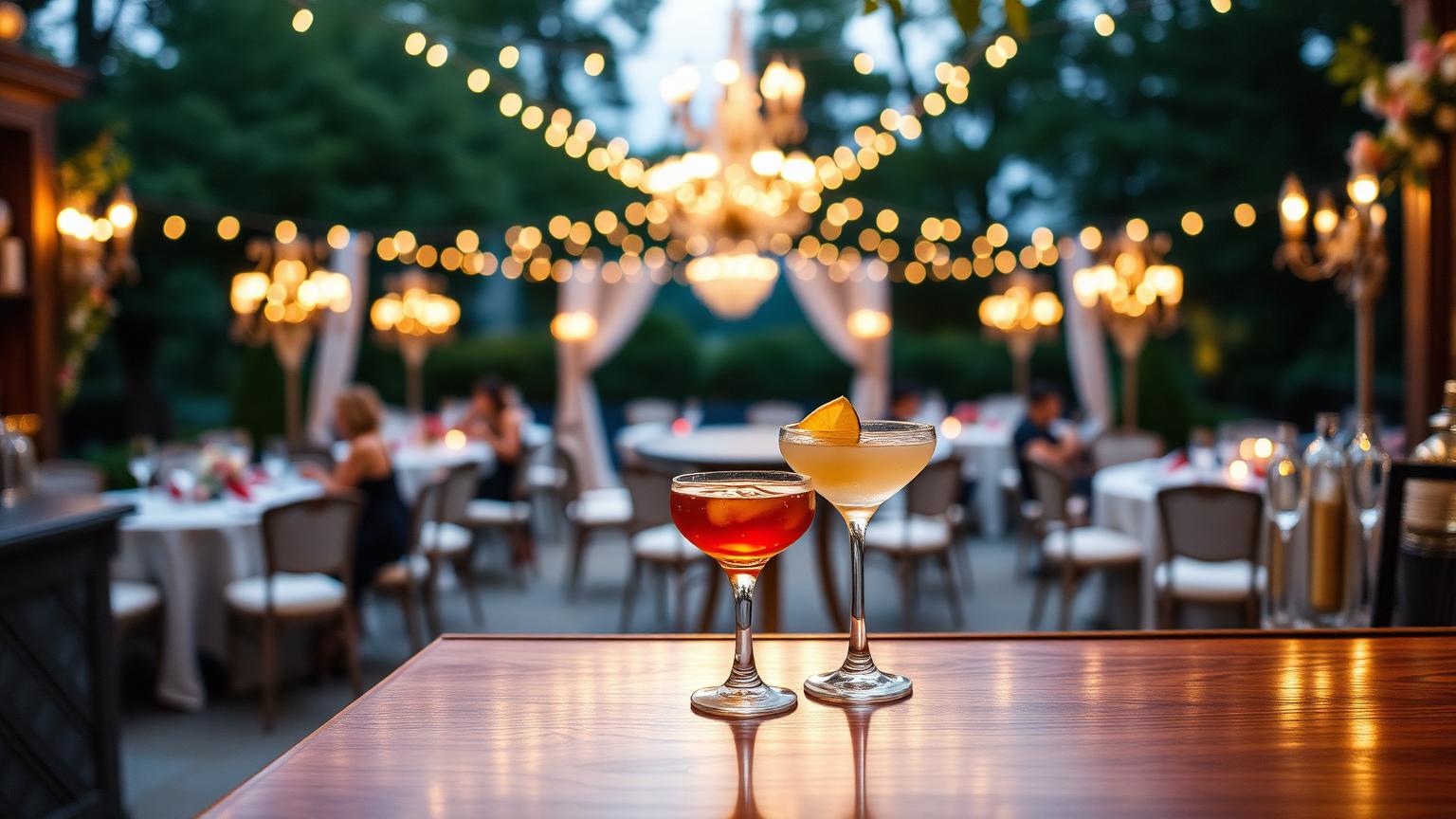 Balcão de um bar de drinks elegante em uma festa de casamento, com coquetéis coloridos e bem decorados sobre a bancada de madeira iluminada.