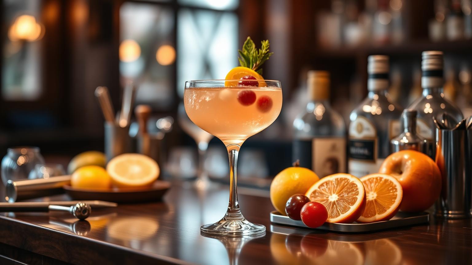 Bancada de bar de madeira com um coquetel artesanal em copo de cristal, cercado por frutas cítricas e garrafas de bebida ao fundo, em um ambiente de festa com iluminação quente.