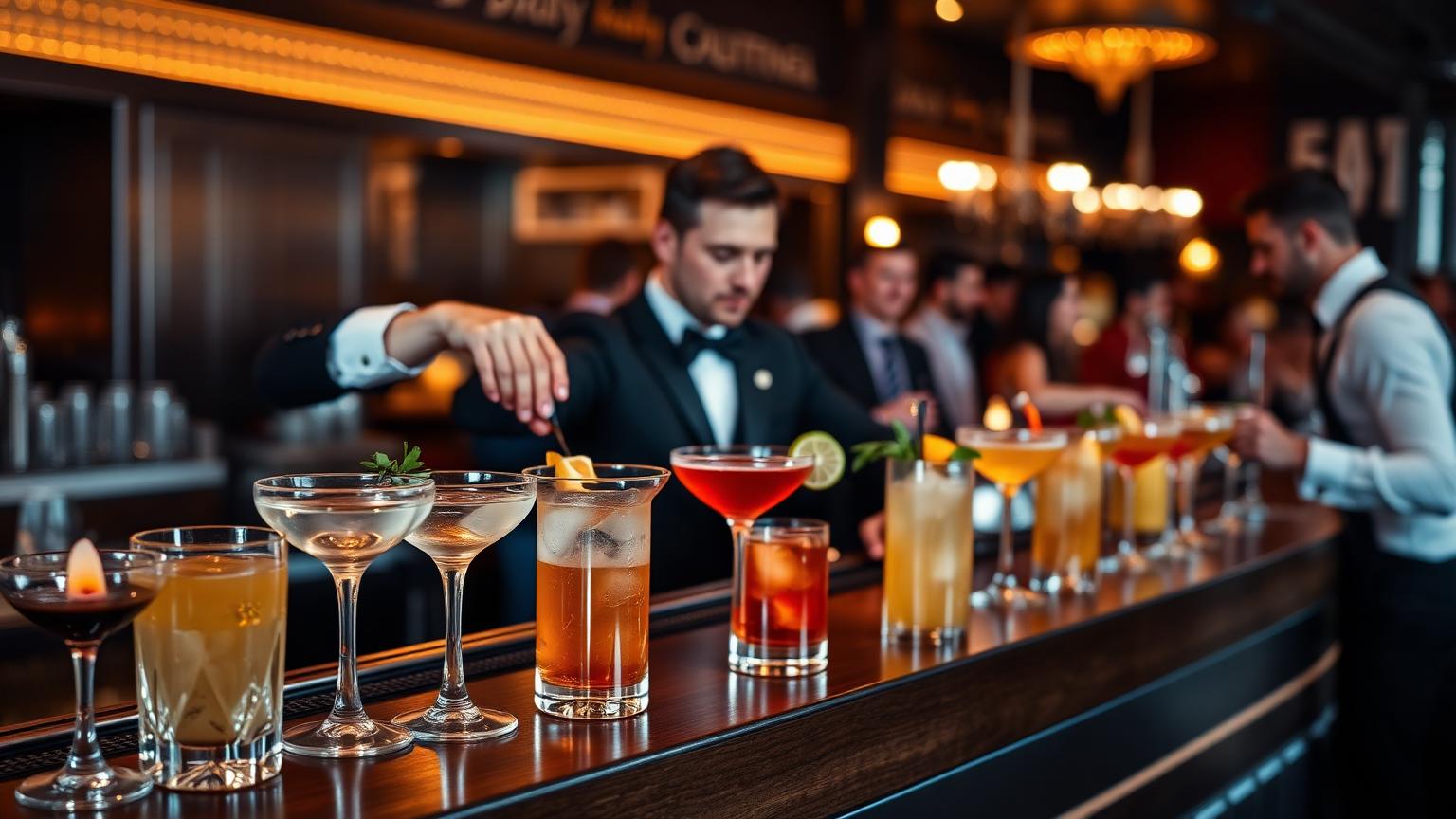 Balcão de bar de madeira escura em um evento noturno, com diversos coquetéis coloridos e bem decorados sob uma iluminação quente e elegante.
