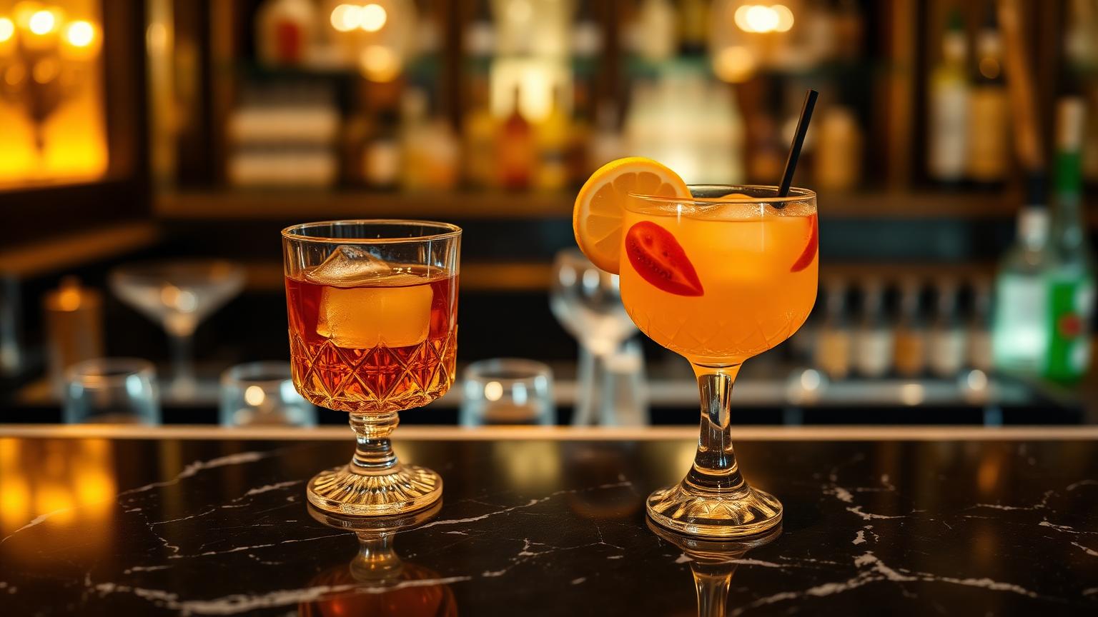 Dois drinks, um alcoólico e outro não alcoólico, lado a lado em um balcão de bar elegante durante um evento sofisticado, com iluminação quente ao fundo.