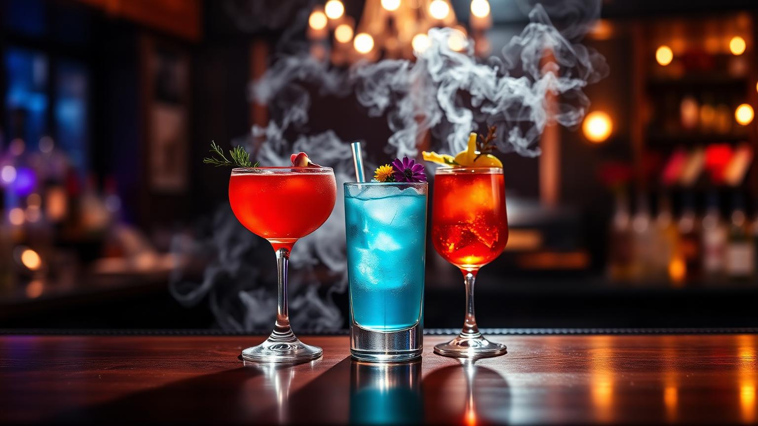 Três drinks artesanais e coloridos sobre um balcão de bar de madeira escura em um evento elegante, com luzes cinematográficas e o fundo desfocado.
