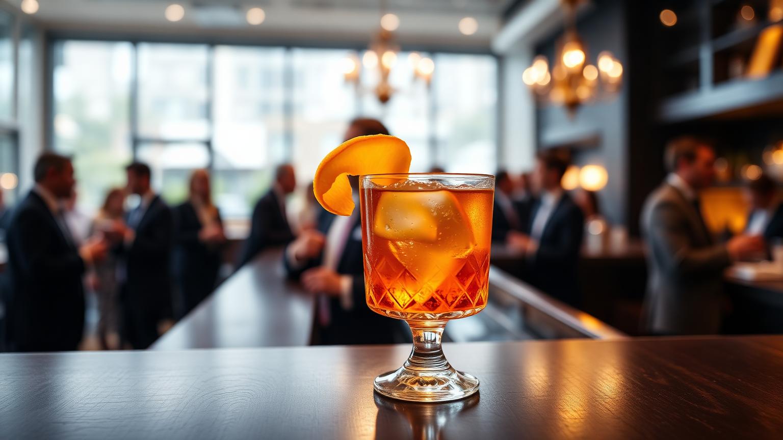 Balcão de bar de madeira escura em um evento corporativo elegante, com um copo de coquetel alaranjado em primeiro plano e um bartender desfocado ao fundo.