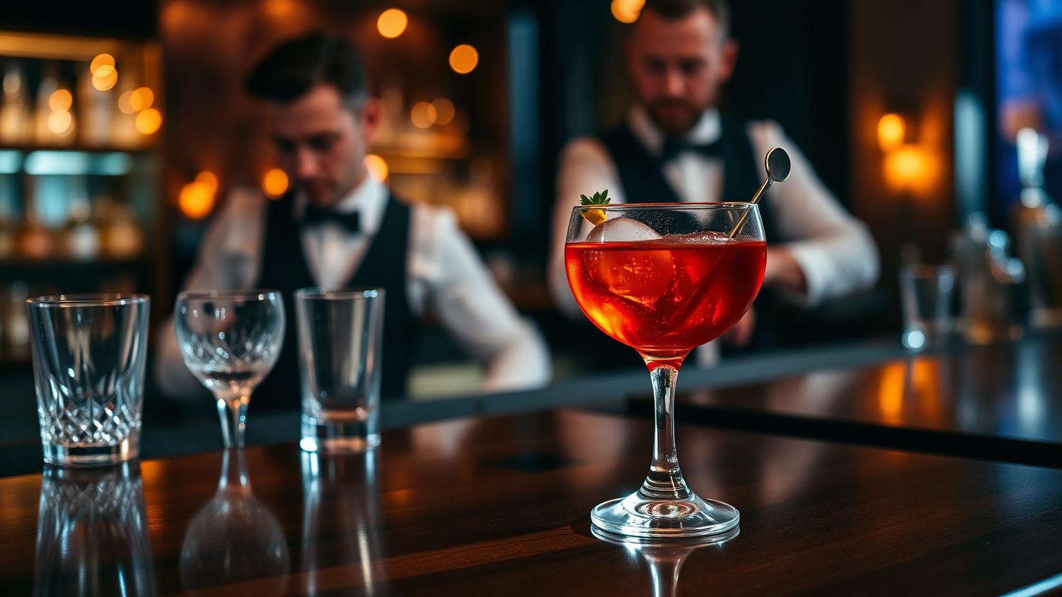 Foto de um bar de eventos com um coquetel Negroni em destaque sobre o balcão de madeira, com utensílios de coquetelaria ao lado e luzes de festa desfocadas ao fundo.